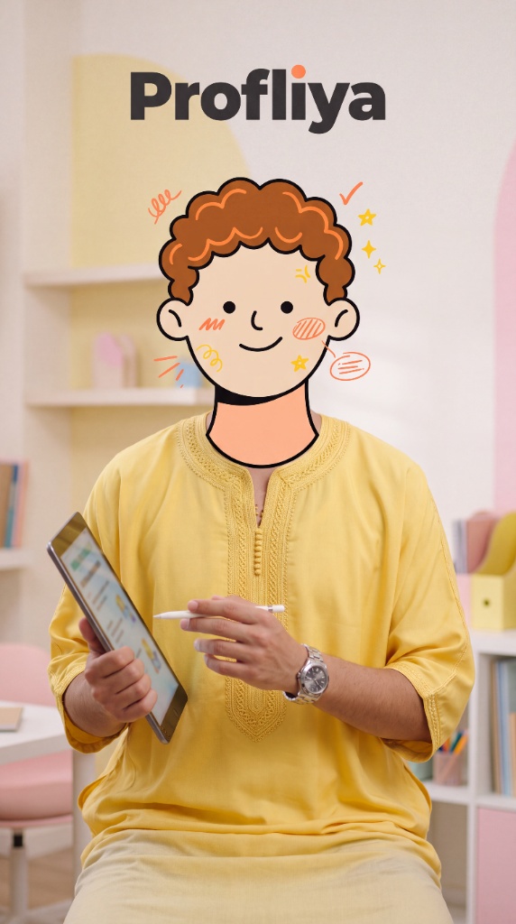 Avatar Profliya : un professeur au visage illustré annote une tablette avec un stylet.