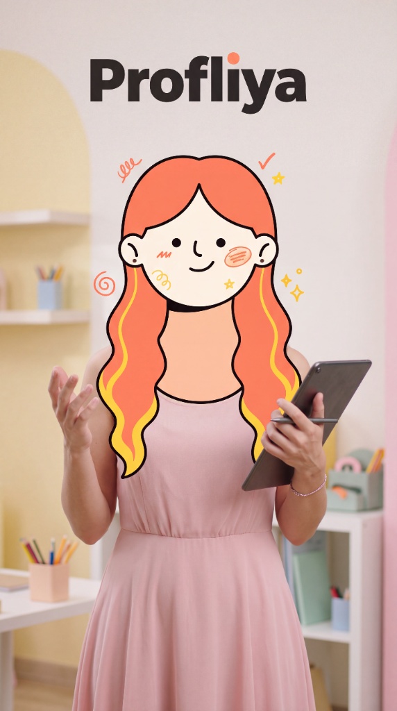 Avatar Profliya : une professeure au visage illustré tient une tablette dans un studio pédagogique.