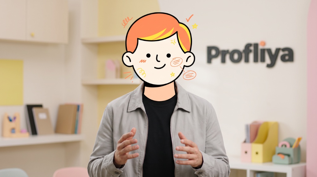 Un présentateur Profliya, visage illustré, devant le logo Profliya dans un studio aux couleurs de la marque.